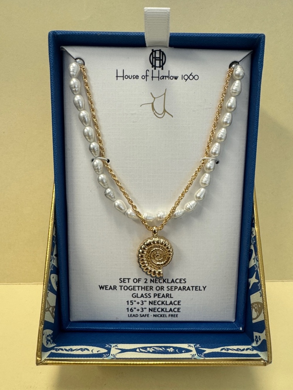 HOUSE OF HARLOW 1960 2 Necklaces Gold Tone Shell Rope Chain & Glass Pearl $120